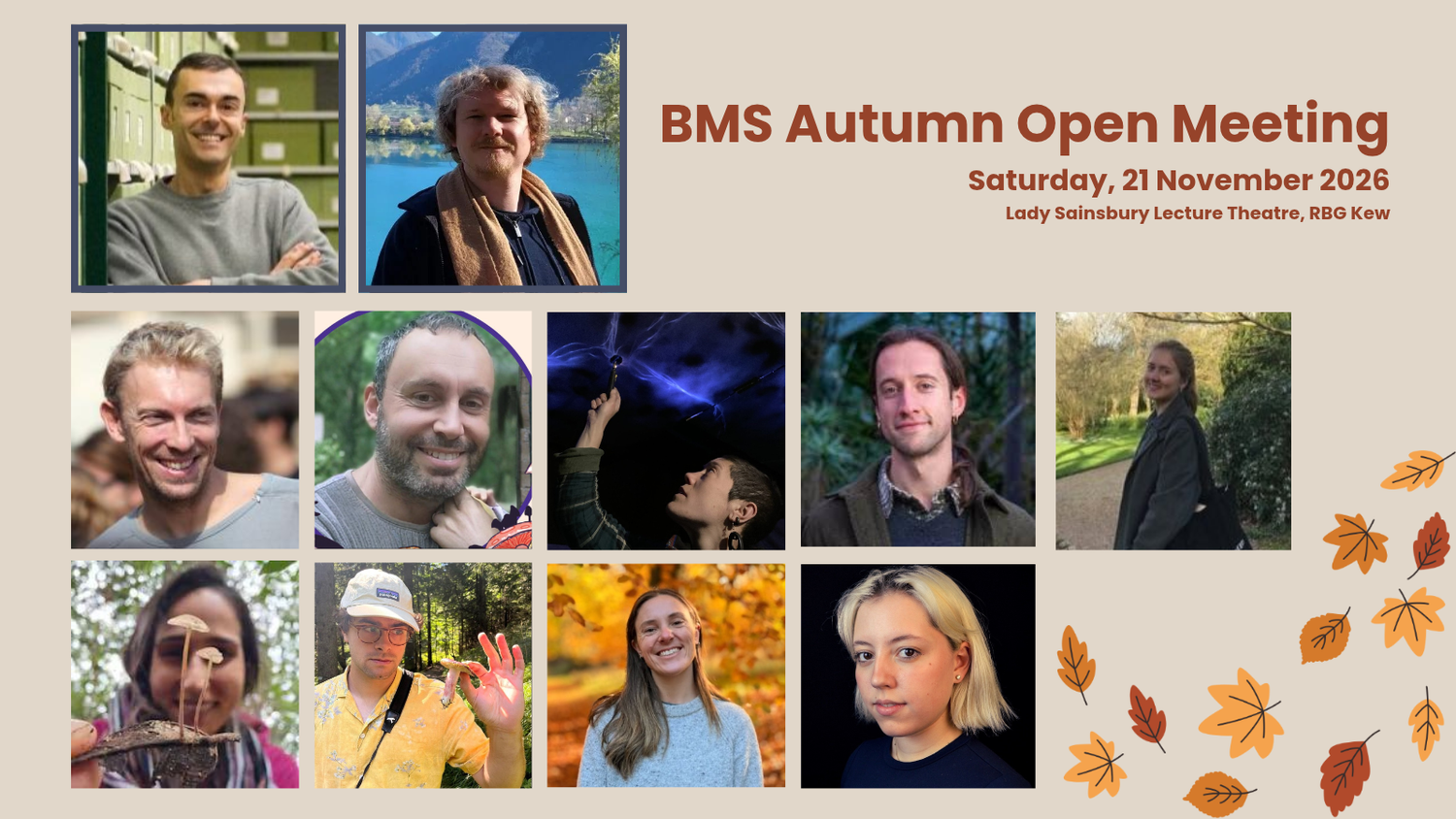 Collage of speaker photos with autumn leaves